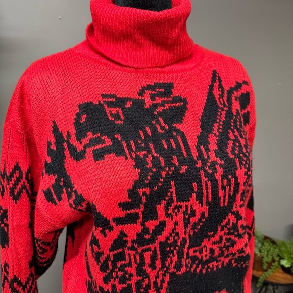 Vintage griffin red black knit Sweater Eas turtleneck 1980s unisex fantasy - Picture 5 of 6